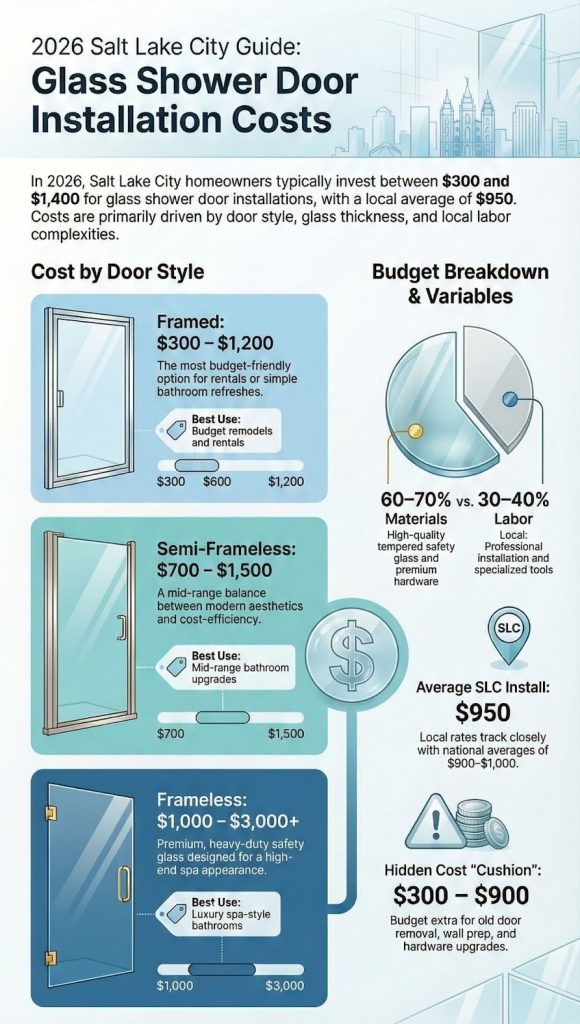 Infographic showing Glass Shower Door Installation Costs in Salt Lake City for 2026, including framed, semi-frameless, and frameless price ranges and budget factors.