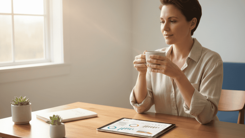 Woman practicing mindfulness with coffee while reviewing data charts on tablet at workspace