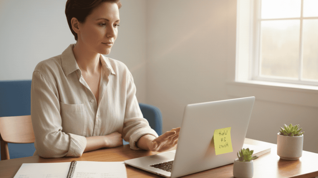 Woman practicing mindfulness while working on laptop with sticky note reminder at desk