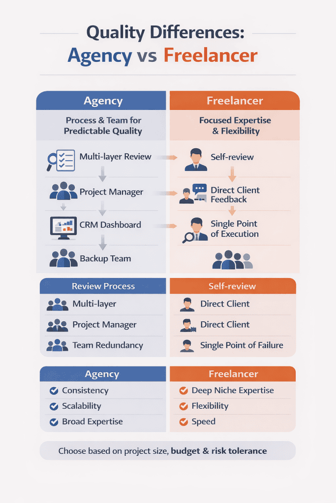A minimalist 2D illustration demonstrating the quality differences agency freelancer dynamic, showing a specialized freelancer delivering high-precision results from a focused, independent workspace.