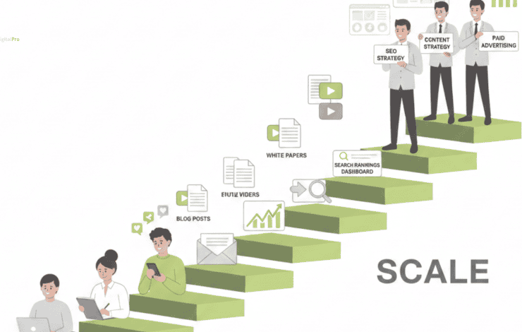 A 2D flat vector illustration showing a small team on lower steps and a larger agency team at the top of a staircase labeled "Scale," representing when to hire agency content services to manage multiplying workloads like SEO, video, and white papers.