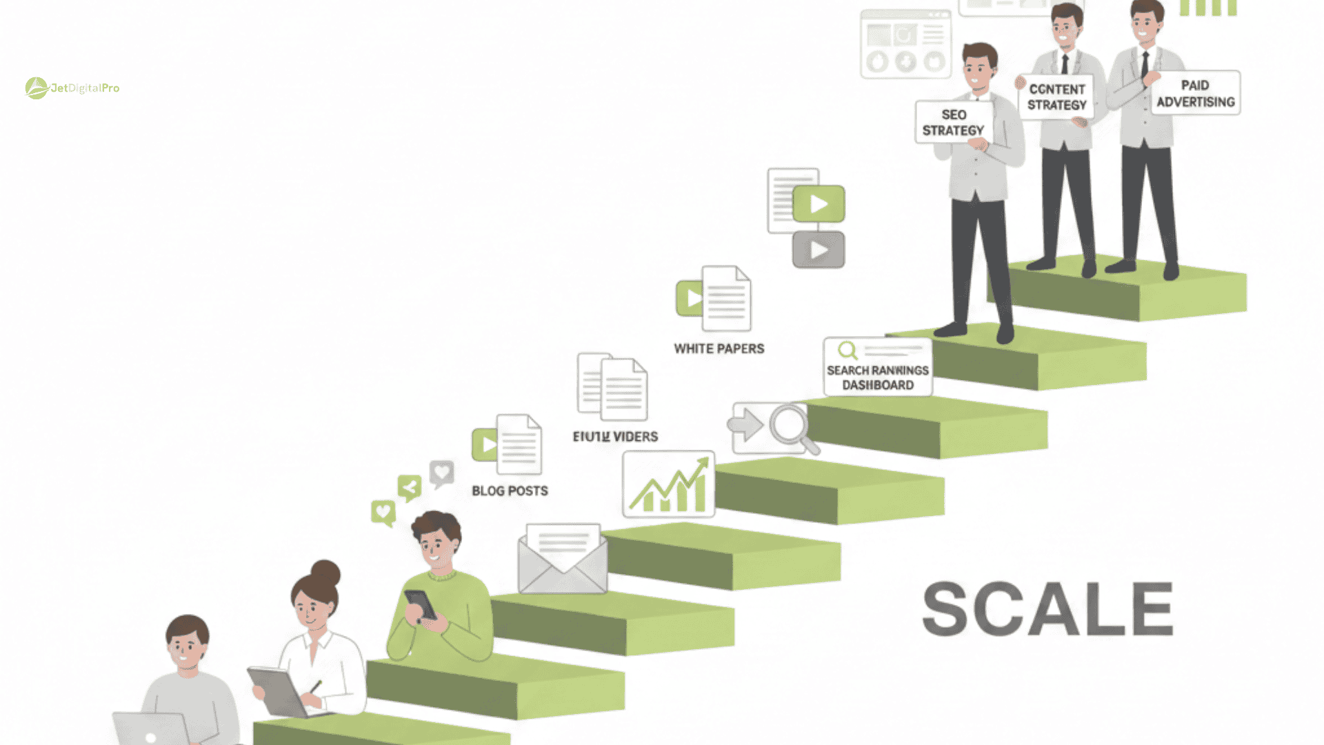 A 2D flat vector illustration showing a small team on lower steps and a larger agency team at the top of a staircase labeled "Scale," representing when to hire agency content services to manage multiplying workloads like SEO, video, and white papers.