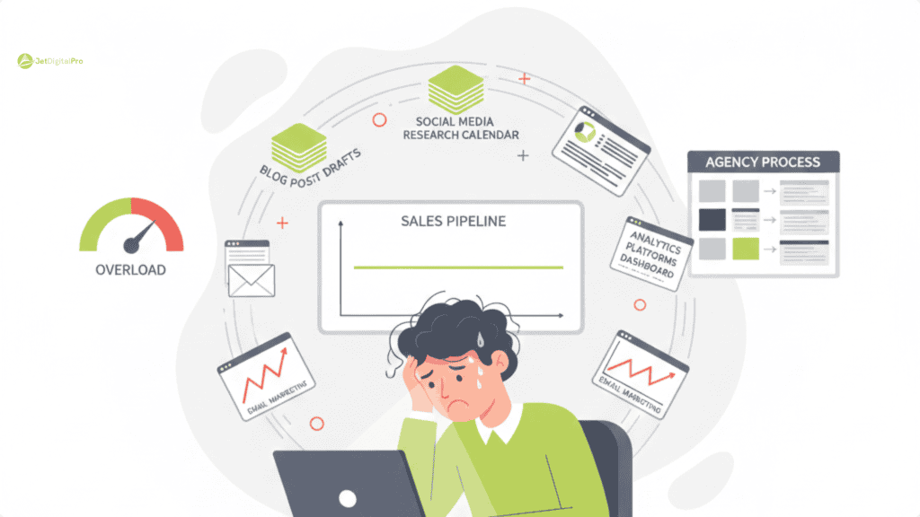 A 2D flat vector illustration showing a small team on lower steps and a larger agency team at the top of a staircase labeled "Scale," representing when to hire agency content services to manage multiplying workloads like SEO, video, and white papers.
