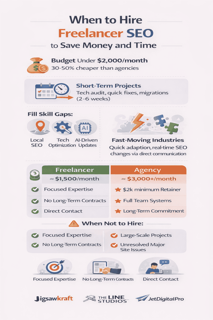A modern infographic-style illustration featuring SEO performance metrics, keyword research icons, and a remote specialist. This visual guide helps business owners identify the right timing and strategic benefits of when to hire freelancer SEO.