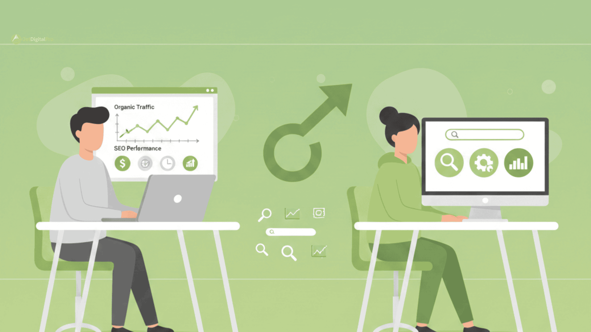 A clean 2D vector illustration showing a business owner and an SEO specialist working together to increase organic traffic. A central upward arrow connects them, symbolizing when to hire freelancer SEO for scalable business growth and time efficiency.