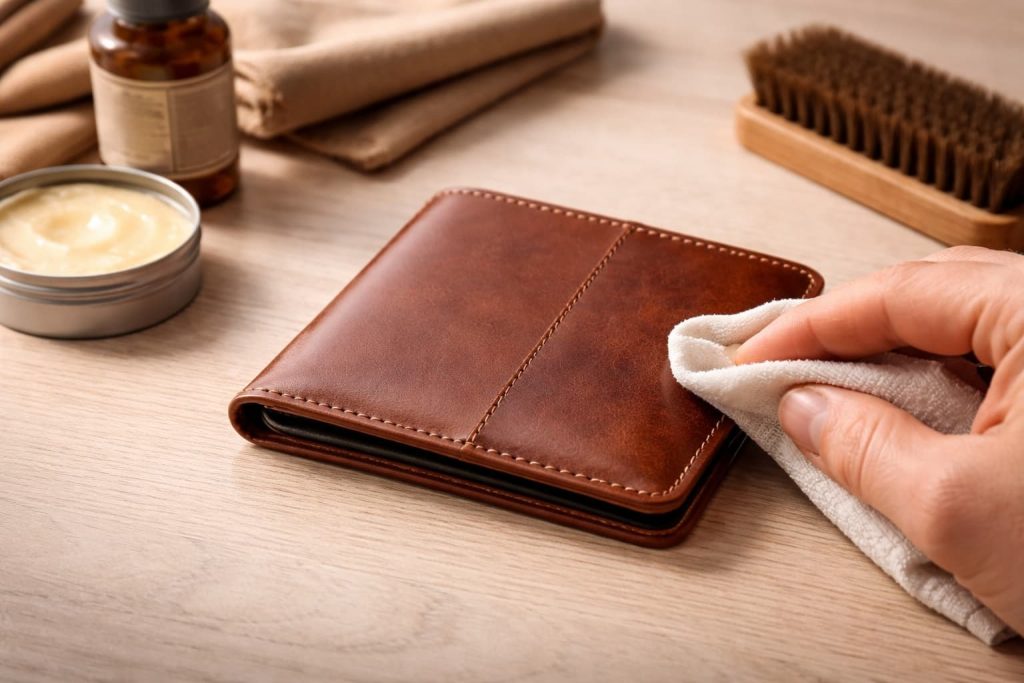 A minimalist leather wallet is gently cleaned with conditioner, showing a richer tone and smooth finish after proper care.