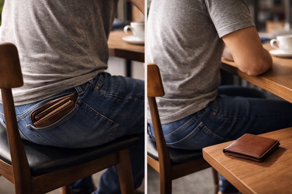 A side-by-side view shows how a minimalist leather wallet reduces bulk, improving comfort compared to a thick back pocket wallet.