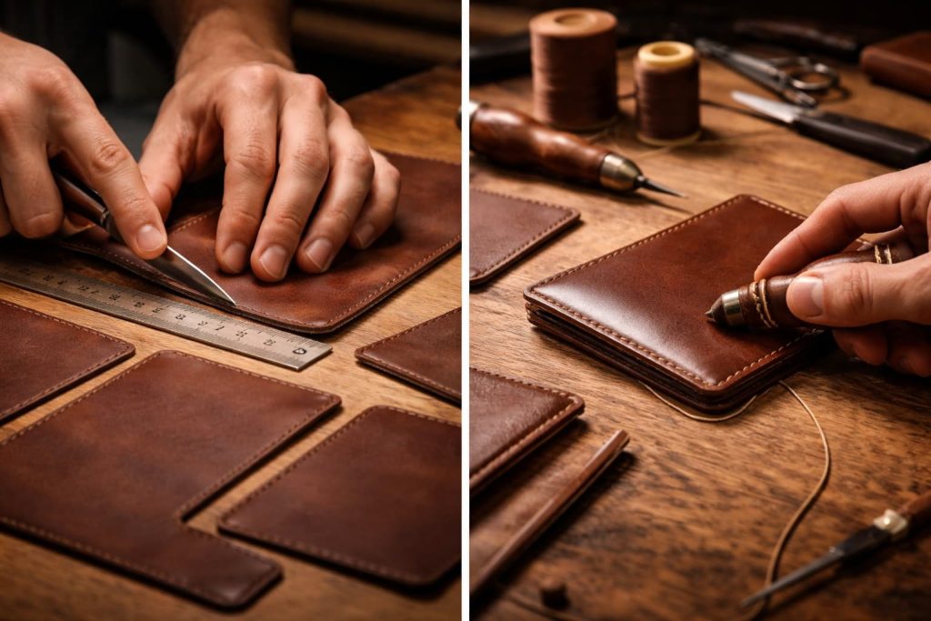 Hands craft a minimalist leather wallet, cutting and stitching full-grain leather with precise tools on a warm workshop bench.