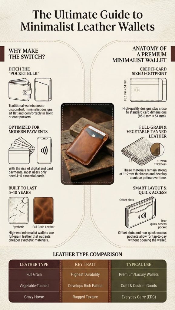 A minimalist leather wallet infographic shows slim design benefits, materials, dimensions, and layout compared to bulky wallets.