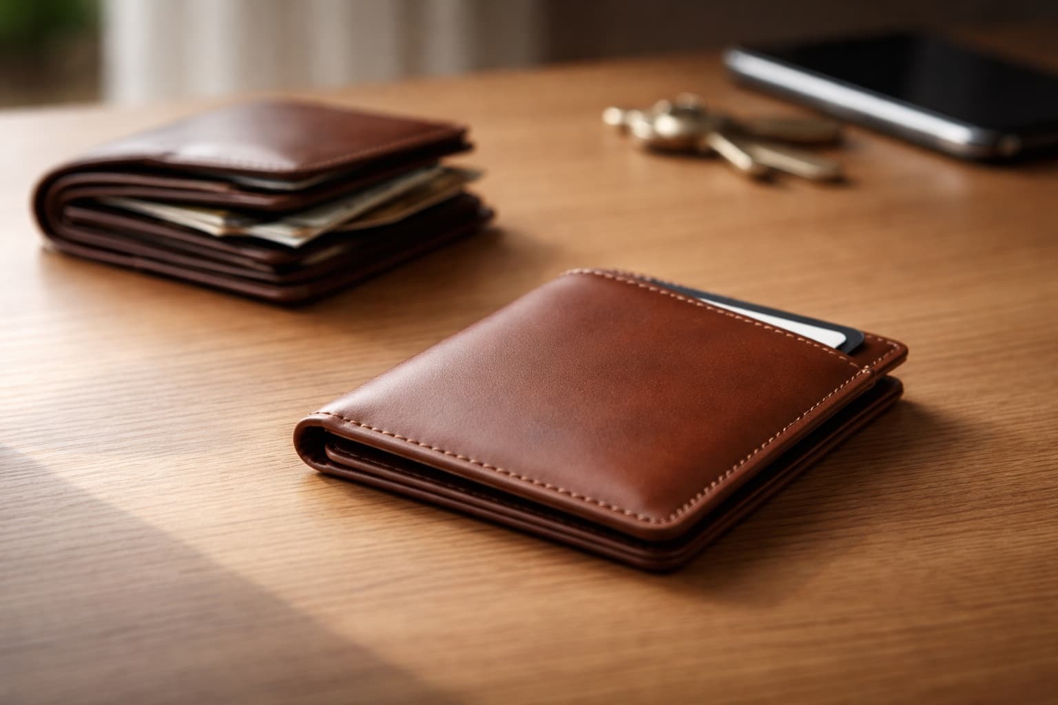 A minimalist leather wallet rests on a wooden desk beside a bulky wallet, showing a clean, slim everyday carry upgrade.