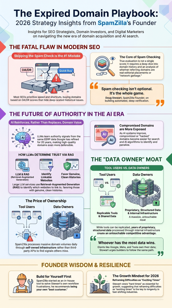 Infographic titled Mastering Expired Domains, comparing technical data versus hype for finding a high-quality expired domain in SEO.