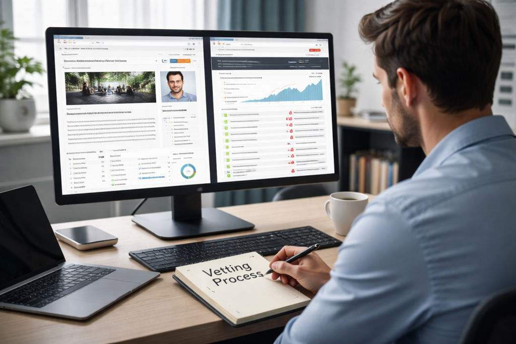 Digital marketer running a vetting process using dual monitors to assess link building prospects and domain authority metrics.