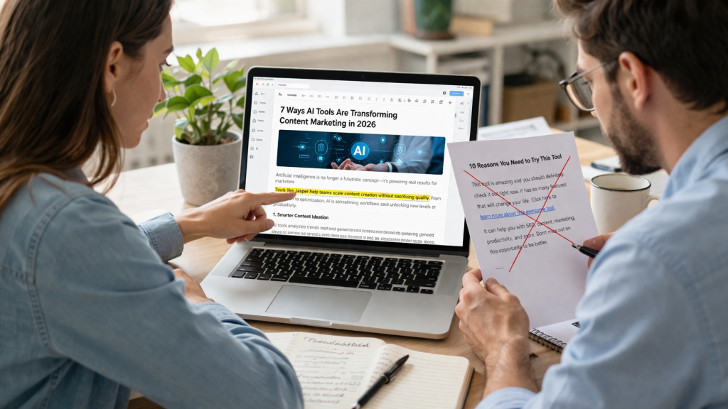 Two marketers reviewing quality content for link building, rejecting spammy outreach tactics in favor of editorial standards.