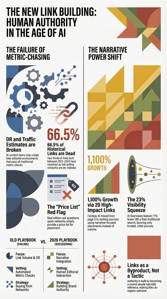 Infographic showing the new link building strategy in the AI era, contrasting old metric-chasing tactics with narrative authority building.