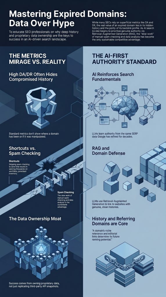 Infographic titled Mastering Expired Domains, comparing technical data versus hype for finding a high-quality expired domain in SEO.