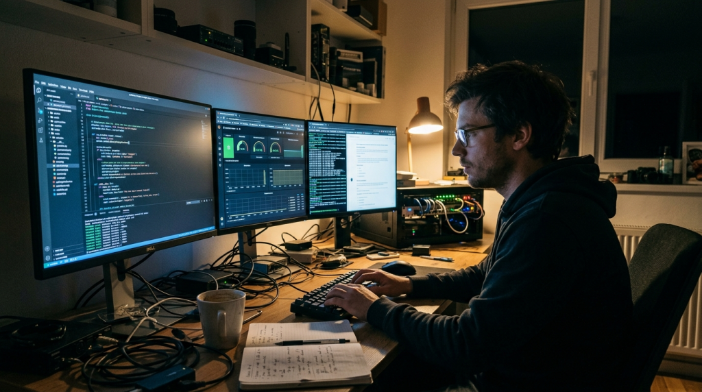 A tired engineer in a dim, messy home office late at night, searching complex data logs for a powerful expired domain in SEO.