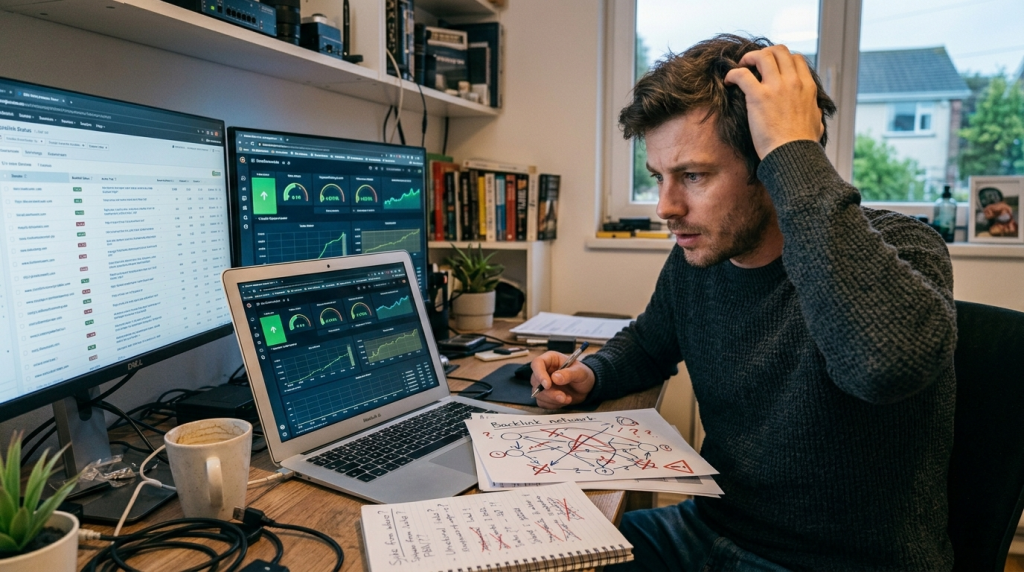 A confused SEO analyst looks between good metrics on a laptop and a notebook detailing problems with an expired domain in SEO.