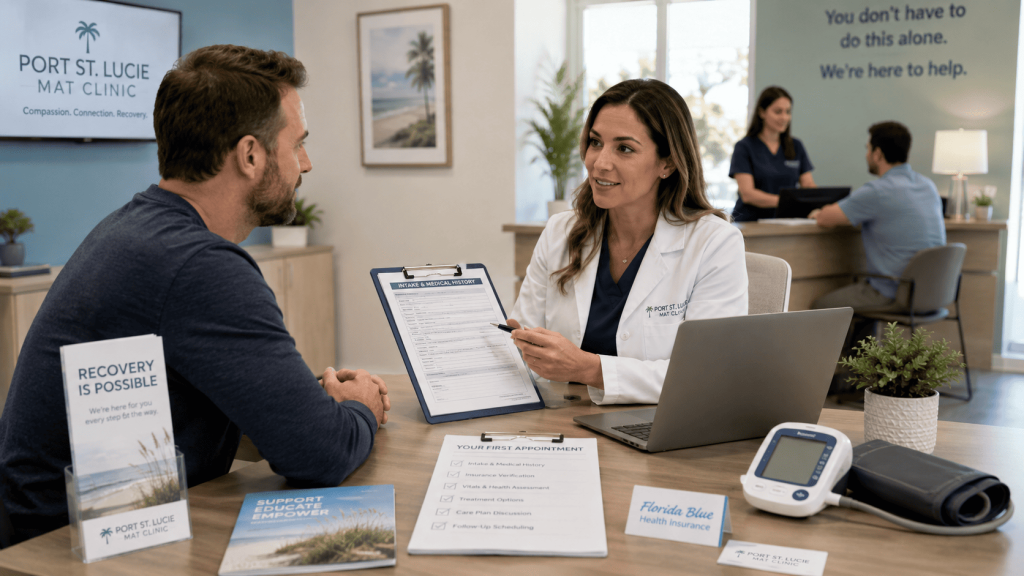 A provider reviewing intake forms with a new patient at a suboxone clinic port St. Lucie during their first visit.