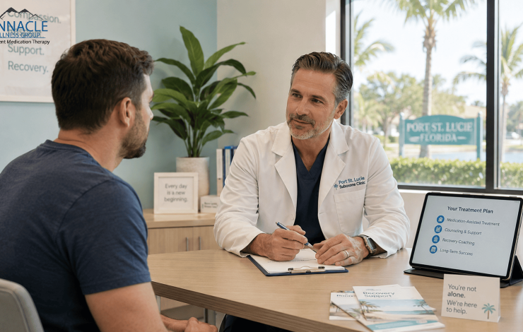 A doctor consulting a patient at a suboxone clinic port St. Lucie about medication-assisted treatment options. 