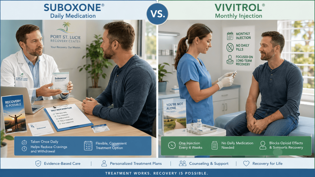 Suboxone clinic port St. Lucie staff explaining Suboxone vs. Vivitrol treatment options to a patient.