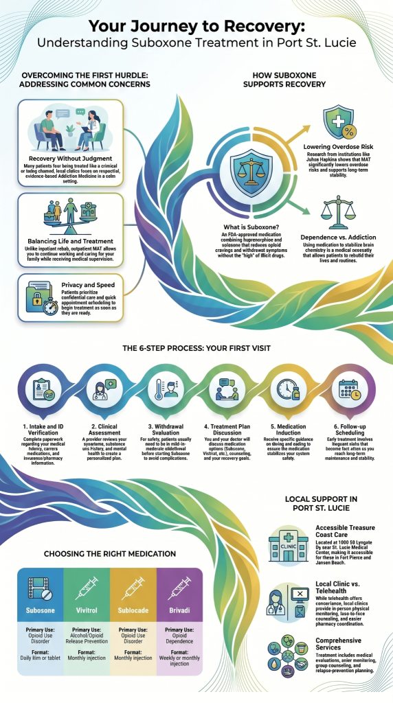 Infographic outlining the recovery journey and 6-step first visit process at a suboxone clinic port St. Lucie.