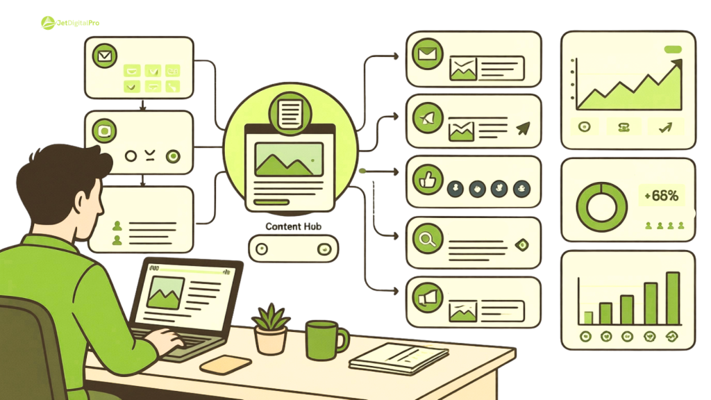 Diagram of technology used by content agencies for content distribution, automation, publishing, and performance tracking