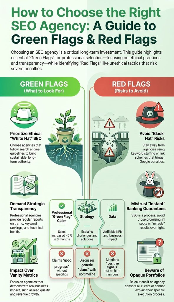 Infographic guide to choosing the right SEO agency pricing and packages with green flags and red flags explained.