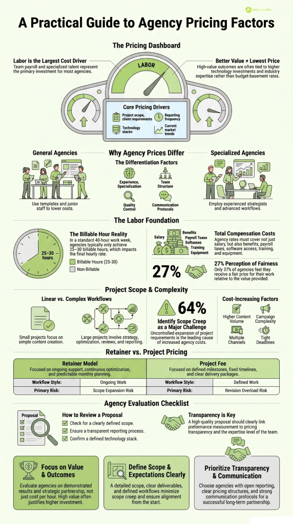 An infographic breaking down the key factors affecting agency pricing such as labor costs, deliverables, and scope.
