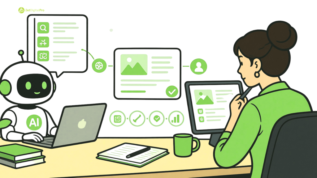 Illustration of technology used by content agencies combining AI workflows with human content review and editing