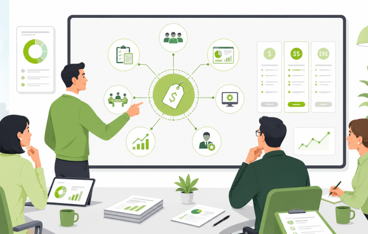 A business team analyzing software stacks and overhead variables as core factors affecting agency pricing structures.