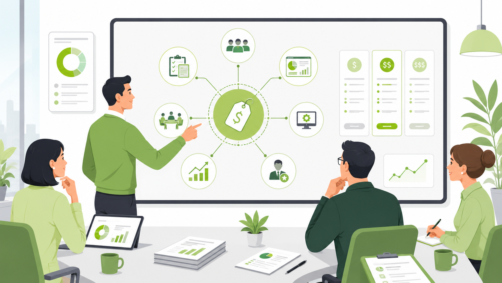 A business team analyzing software stacks and overhead variables as core factors affecting agency pricing structures.