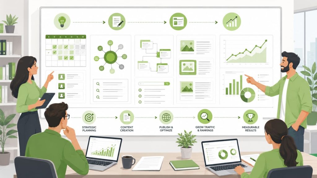 An SEO team presents SEO agency pricing and packages workflow from strategic planning to measurable traffic results.Â