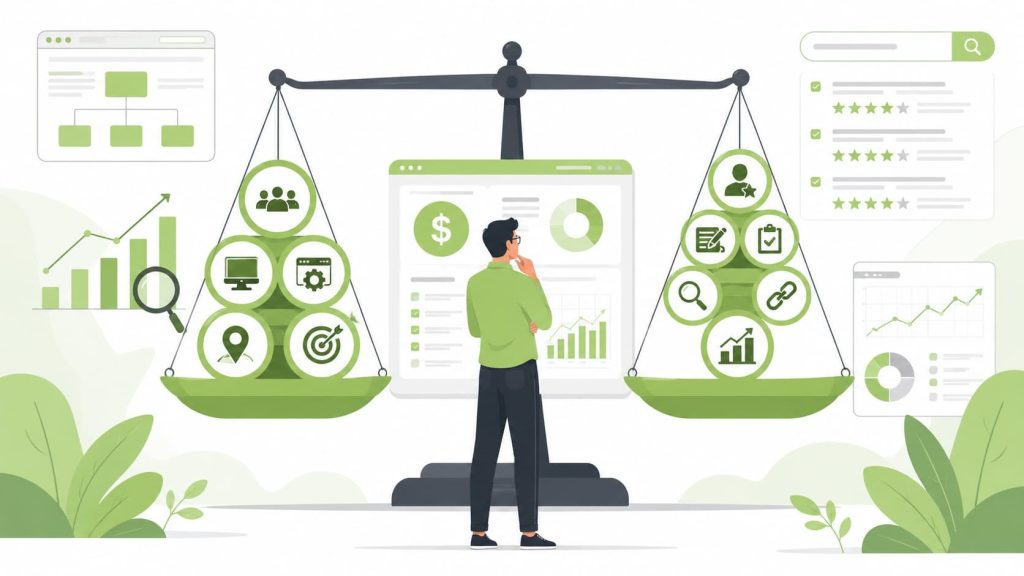 A person weighs SEO agency pricing and packages factors on a balanced scale with strategy and performance icons.Â