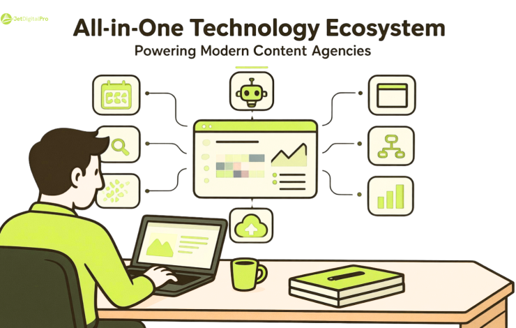 Illustration showing technology used by content agencies with AI, analytics, workflow, and content management tools 
