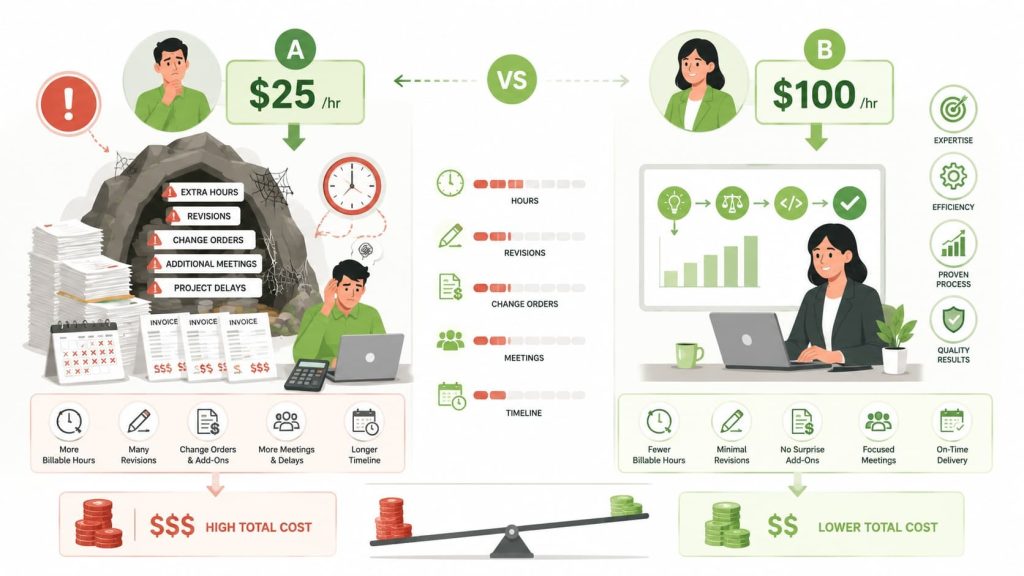 Compare pricing different agencies: $25/hr freelancer risks vs $100/hr expert with lower total cost.