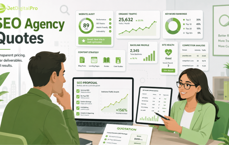 SEO consultant presenting a proposal to a client, with dashboards showing website audit scores, traffic growth, keyword rankings, backlinks, and content strategy metrics in a modern office setting.