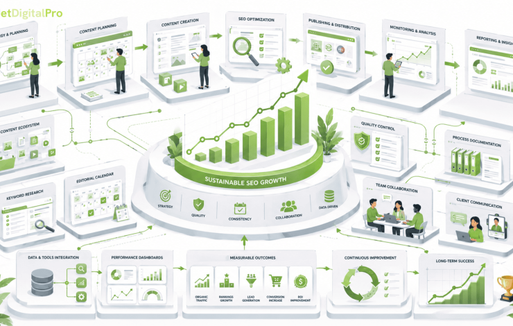 SEO workflow showing strategy, content planning, creation, optimization, publishing, analytics, quality control, and continuous improvement driving sustainable organic growth.