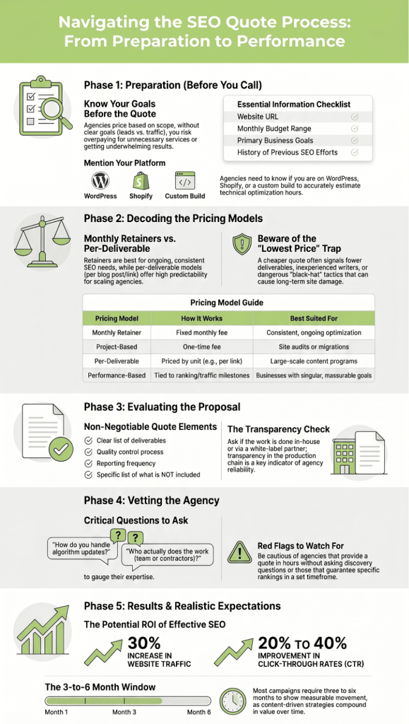 Infographic showing the SEO quote process, including preparation, pricing models, proposal evaluation, agency vetting, and realistic SEO results timelines.
