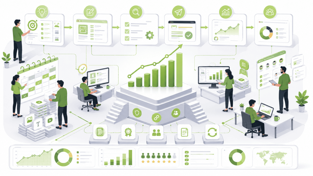 Content SEO workflow illustration showing strategy planning, content creation, SEO optimization, publishing, performance tracking, reporting, and continuous improvement driving sustainable growth.