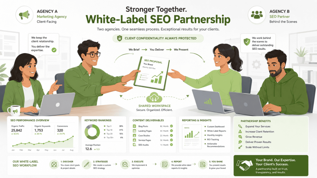 White label SEO partnership showing collaboration between a client facing agency and a behind the scenes SEO provider, with shared workflows, performance reporting, content delivery, and growth metrics.