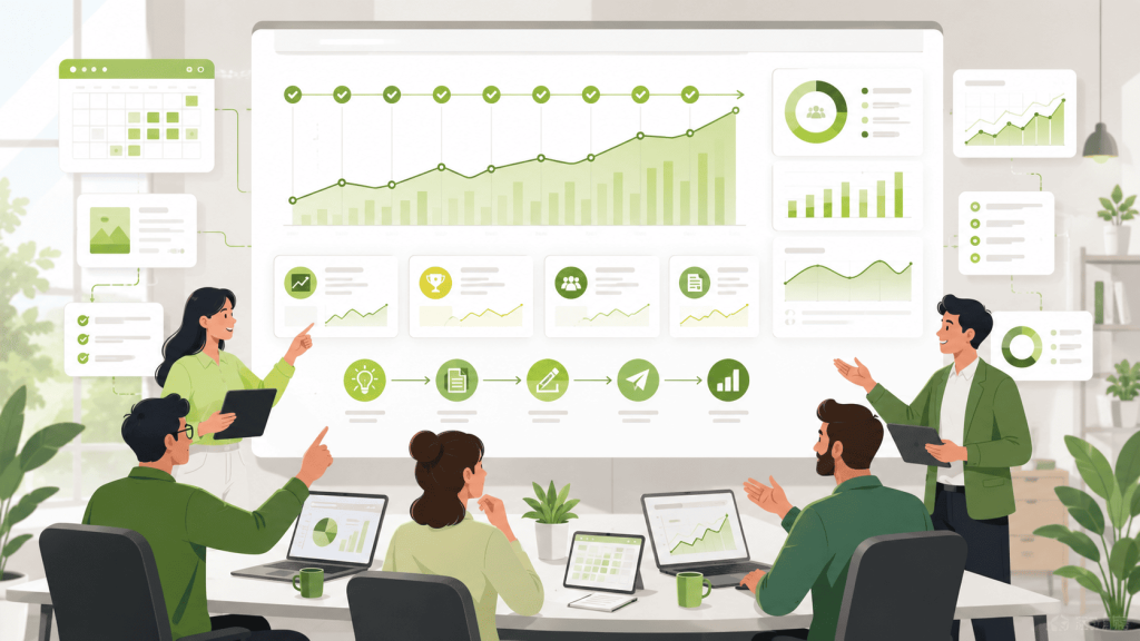 Business team reviewing SEO performance dashboards and growth metrics during a strategy meeting, with analytics charts, KPI tracking, and collaborative planning displayed on a large screen.