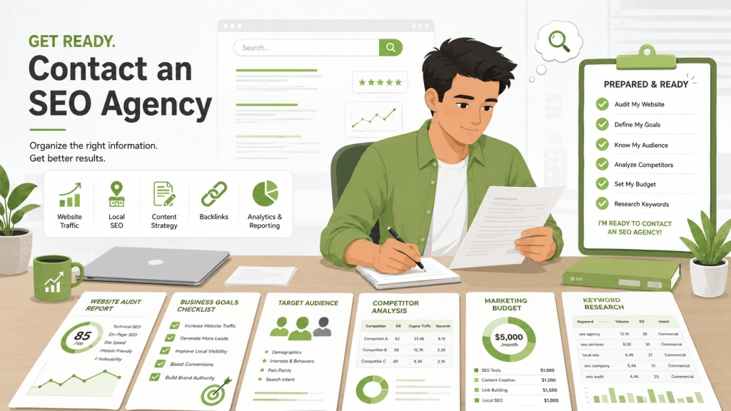 Person reviews SEO agency preparation documents at a desk, including website audit results, business goals, audience research, competitor analysis, budget planning, and keyword research checklists.