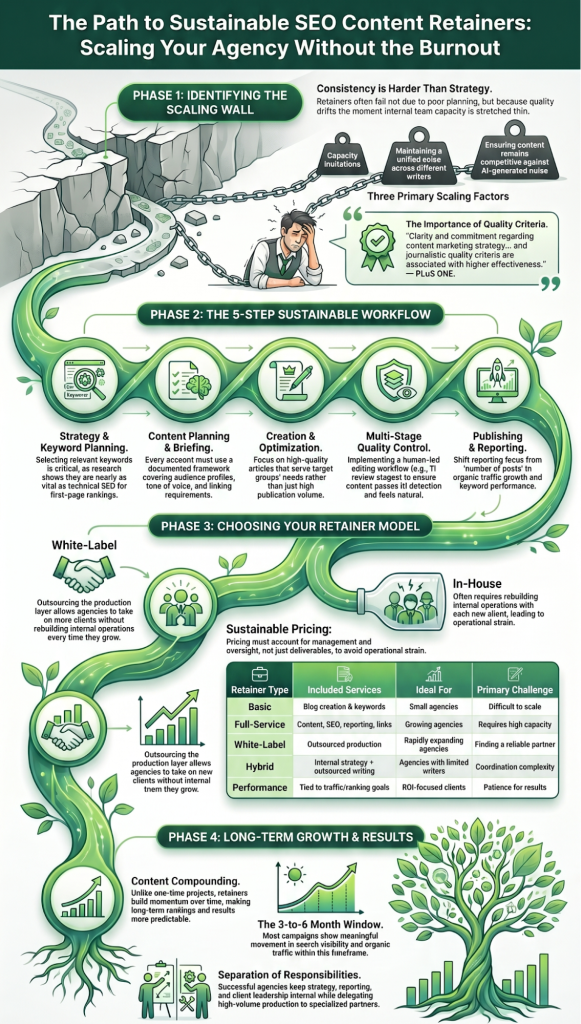 Infographic illustrating a sustainable SEO content retainer framework, covering agency scaling challenges, workflow stages, pricing models, quality control processes, and long term growth strategies