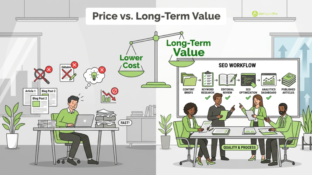 Comparing cheap output to typical costs of SEO writing agency options with structured team workflows
