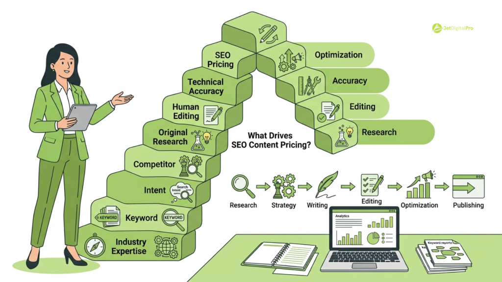 A presenter showing steps that shape typical costs SEO writing agency packages from strategy to publishing. 
