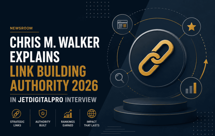 3D gold chain link on pedestal illustrating link building authority 2026 concept with SEO growth icons