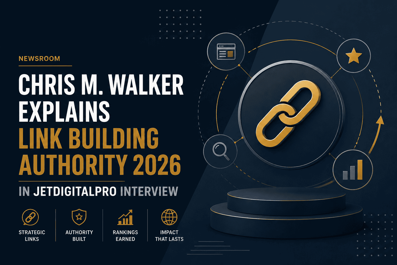 3D gold chain link on pedestal illustrating link building authority 2026 concept with SEO growth icons