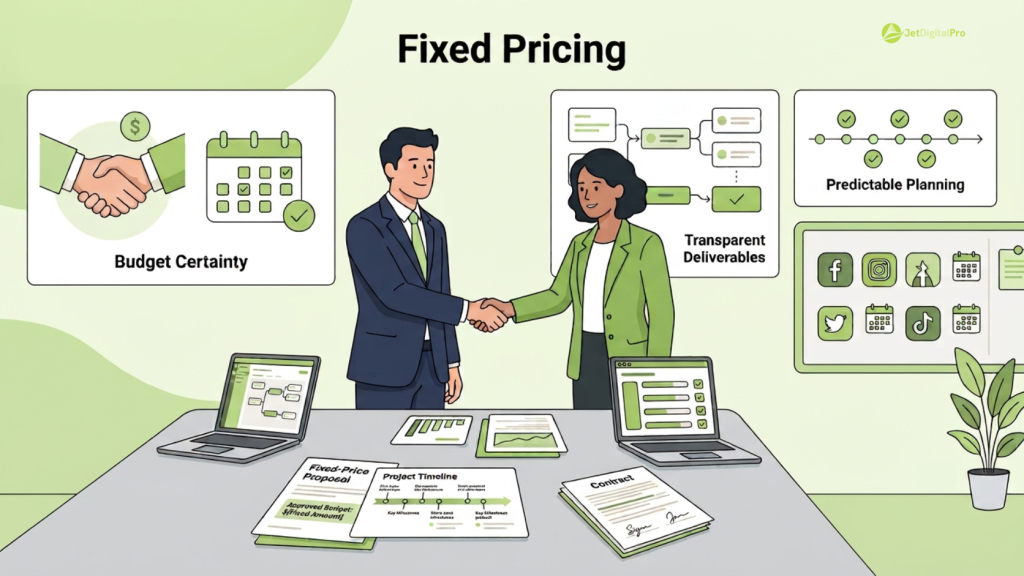 Professionals shake hands at a project-based pricing agency over a desk with laptops and contracts. 