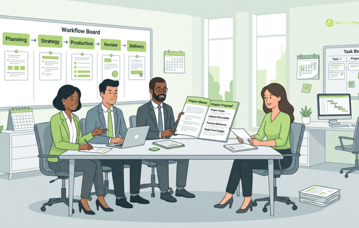 An illustration of a project based pricing agency team presenting a proposal and workflow to a seated client.