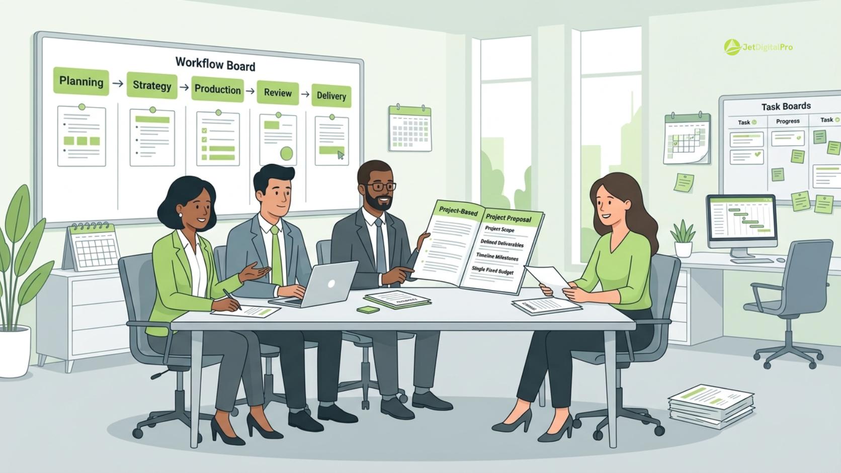 An illustration of a project based pricing agency team presenting a proposal and workflow to a seated client.